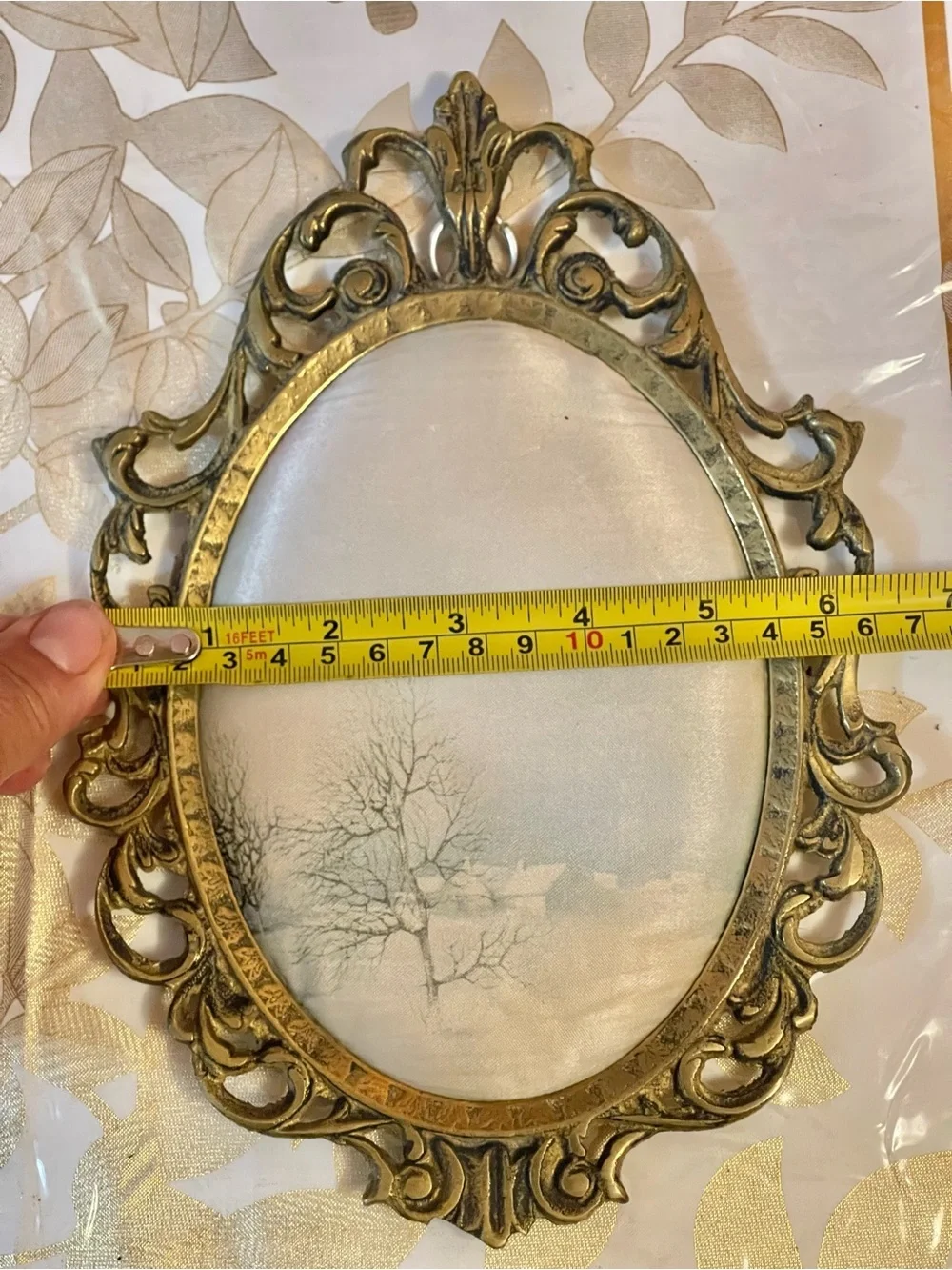 VTG Oval Framed Silk Screen Print Winter Landscape Scene brass Frame
